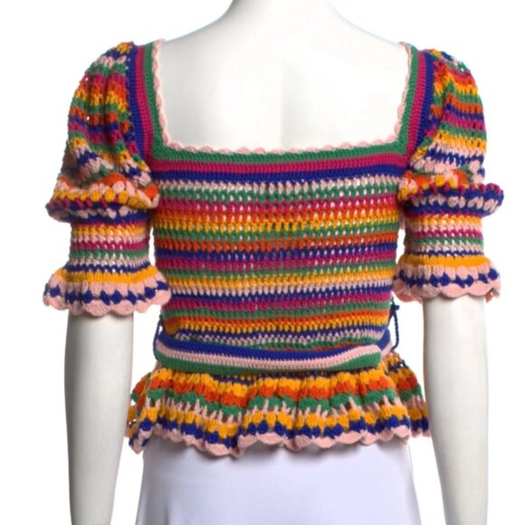 NWOT Rare Farm Rio Stripe Multicolor Crochet Cotton Blend Sweater/Top S $240 - Picture 3 of 11